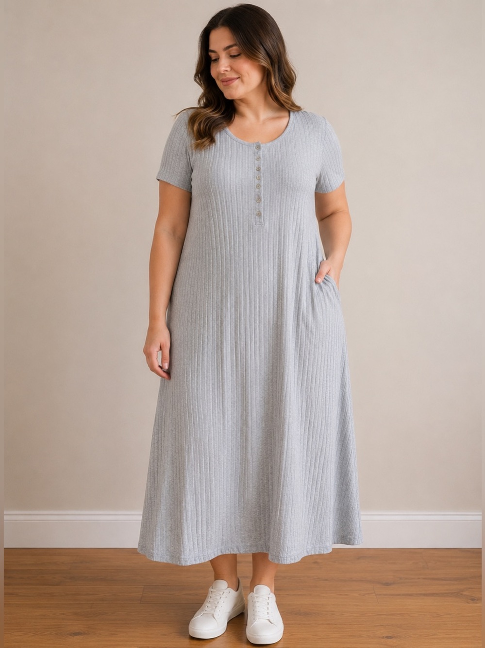 Stitchdrop Gray Ribbed Henley Maxi Dress XL Cottagecore Minimalist